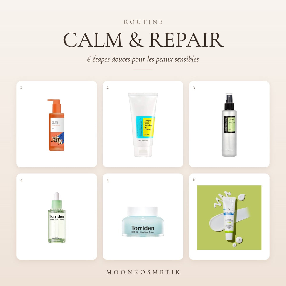 Routine Peau Sensible Calm & Repair MoonKosmetik : les 6 produits coréens apaisants (Round Lab, COSRX, Torriden)